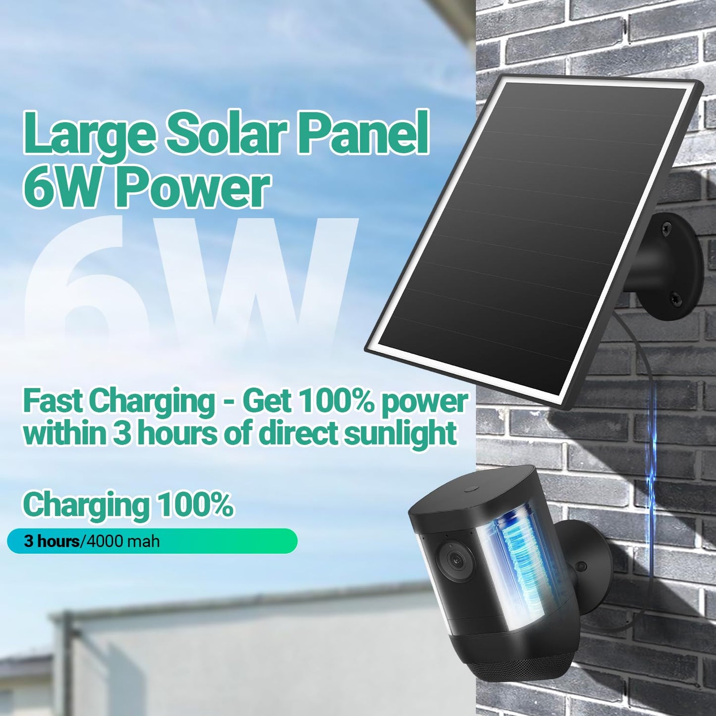 VERVERAY 2 Pack Solar Panel for Ring Camera, 6W Solar Charger with USB-C & Barrel Plug for Ring Stick Up Cam Plus/Pro & Spotlight Cam Battery Series, Waterproof, 16ft Cable (Black)