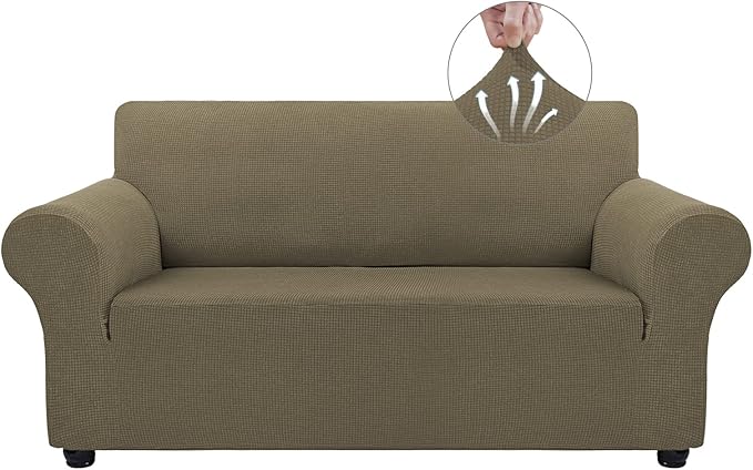 Asnomy Sofa Covers for 2 Cushion Couch Stretch loveseat Covers Slipcovers, Pet Protector Furniture Covers for Dogs Cats Spandex Jacquard Fabric Small Checks （Medium，Khaki）