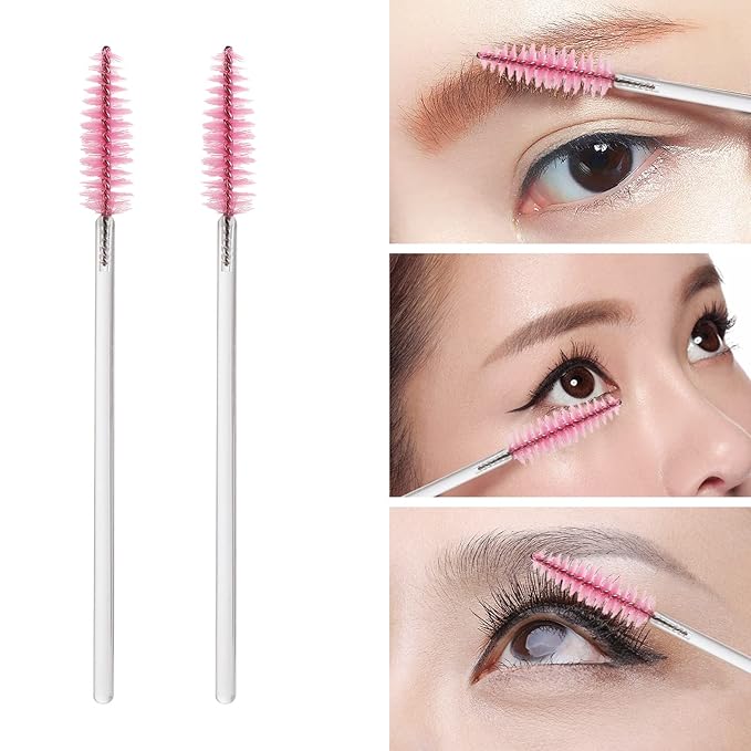 100 Pcs Disposable Mascara Wands, Crystal Eyebrow Spoolies Brush for Eyelash Extensions, Makeup Applicators Kits Eyelash Brush with Container (Pink)