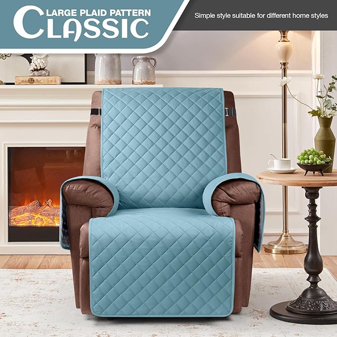 KinCam 100% Waterproof Recliner Chair Cover, Reclining Couch Covers for Pets, Dogs, Recliner Couch Slipcover Furniture Protector with Elastic Straps for Kids(23.6", Light Blue)