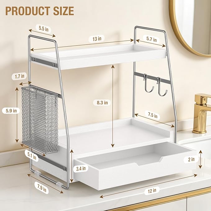 2 Tier Bathroom Counter Organizer Wood - Tiered Bathroom Countertop Shelf with Drawer, Removable Basket & 2 Hooks, Makeup Vanity Organizer for Skincare Perfume Toiletries, 13'' Silver