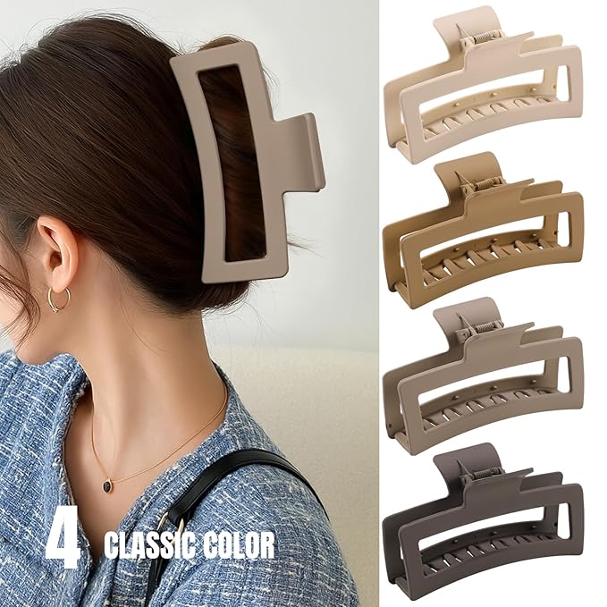5 Inch Extra Large Claw Clips for Thick Hair and Long Hair, 4 Pack XL Jumbo Matte Rectangle Hair Clips, Oversized Non-Slip Strong Hold Jaw Clips for Women, Big Hair Accessories in Brown Tones