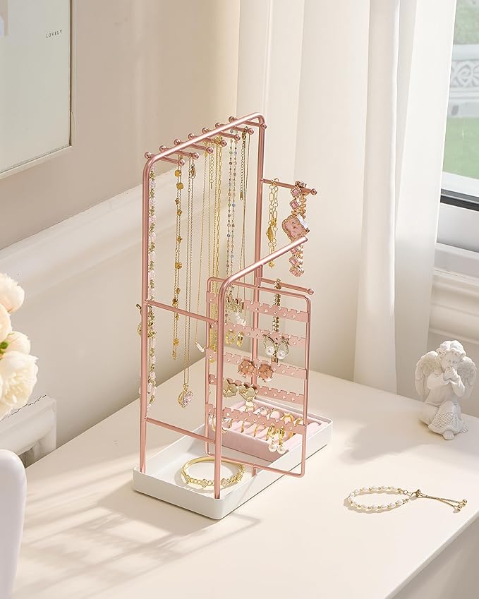 ProCase Jewelry Stand Holder Organizer, Jewelry Display Storage with Ring Tray, No-Assembly, Rotating Earring Bracelet Necklace Holder, Valentine's Gifts Room Dorm Decor for Teen Girls -Rosegold