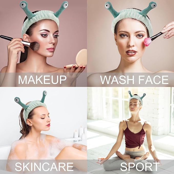 SuPoo Green Snail Face Wash Headband - Funny Skincare Spa Headband, Cute Alien Puffy Makeup Headbands for Women with Stretchy Antenna Eyes Hair Wrap