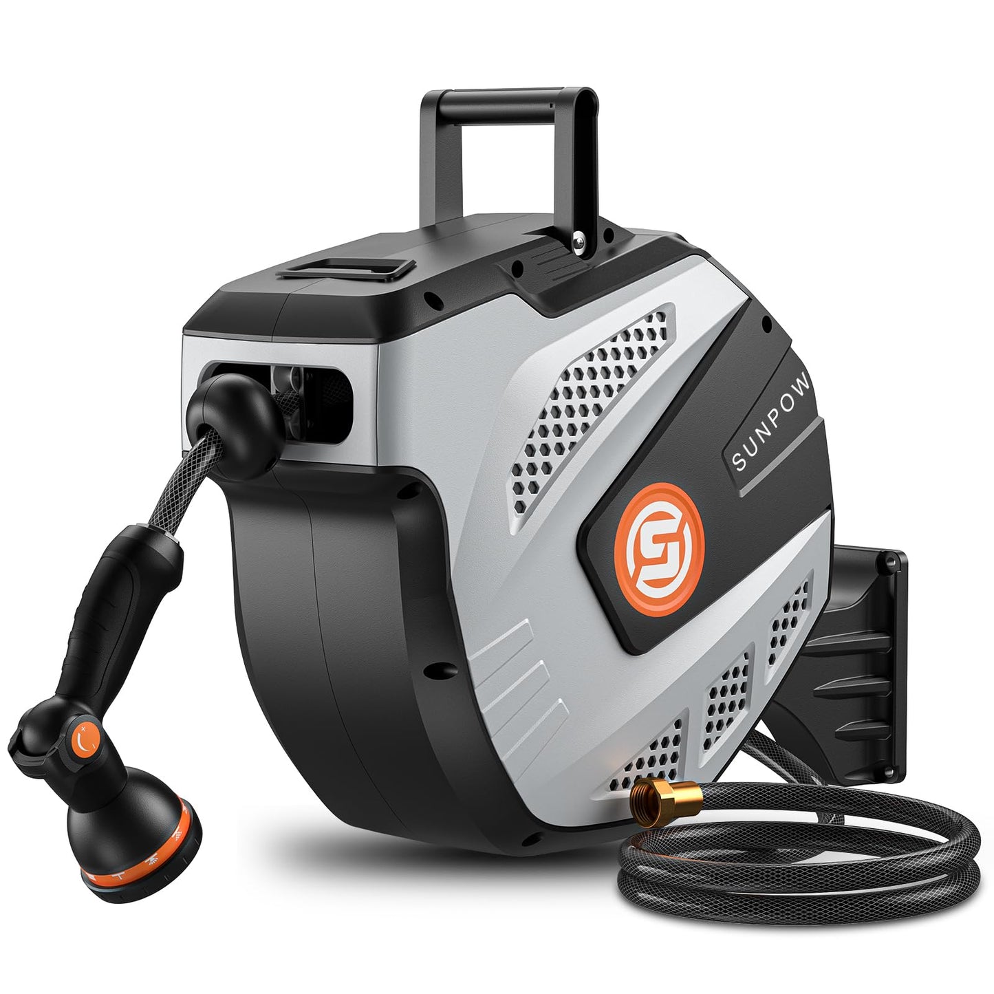 SUNPOW Retractable Garden Hose Reel - 1/2 inch x 85ft Heavy Duty Wall Mounted Hose Reel with 3/4 inch Brass Fitting & 10 Sprayer Nozzle - Any Length Lock, Auto Rewind System, 180Â°Swivel Bracket- Grey