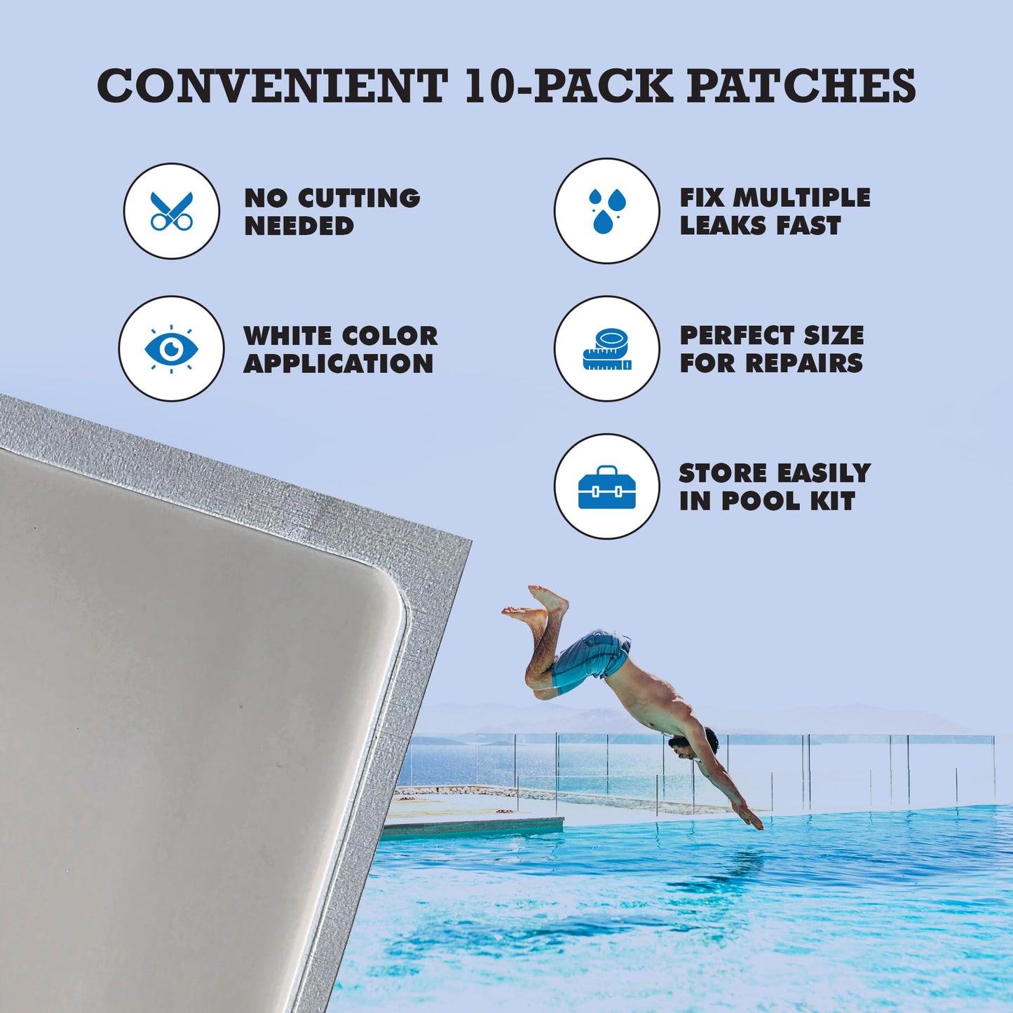Burro Adhesives 10-Pack Waterproof White Pool Patches - Professional Grade PVC Repair Kit with 2.75" x 4" Heavy Duty Patches for Commercial & Residential Vinyl Liner Pools, Works Underwater & Dry