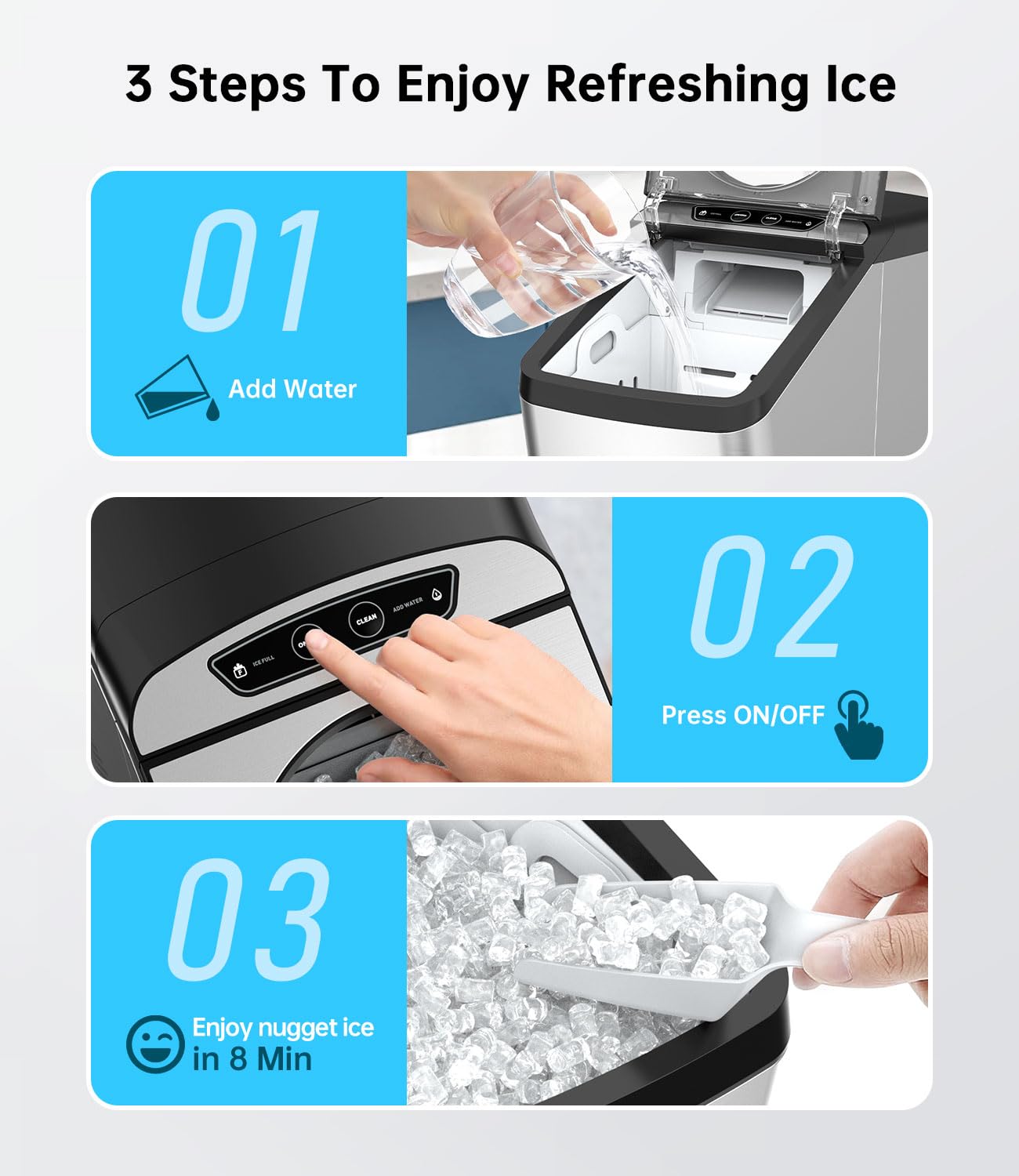 WIE Nugget Ice Maker Countertop, 44 lbs in 24 Hours, Pellet Ice Maker Machine with Self-Cleaning, Scoop & Basket Included, Crushed Pebble Ice Makers for Home, Office, Kitchen, Party