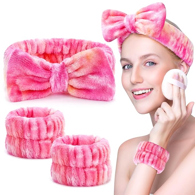 3PCS Spa Headband and Wristbands Set for Women, Soft Microfiber Face Wash Headband with Cute Bow, Elastic Absorbent Wrist Towels, Makeup Skincare Accessories for Facial, Shower, Yoga