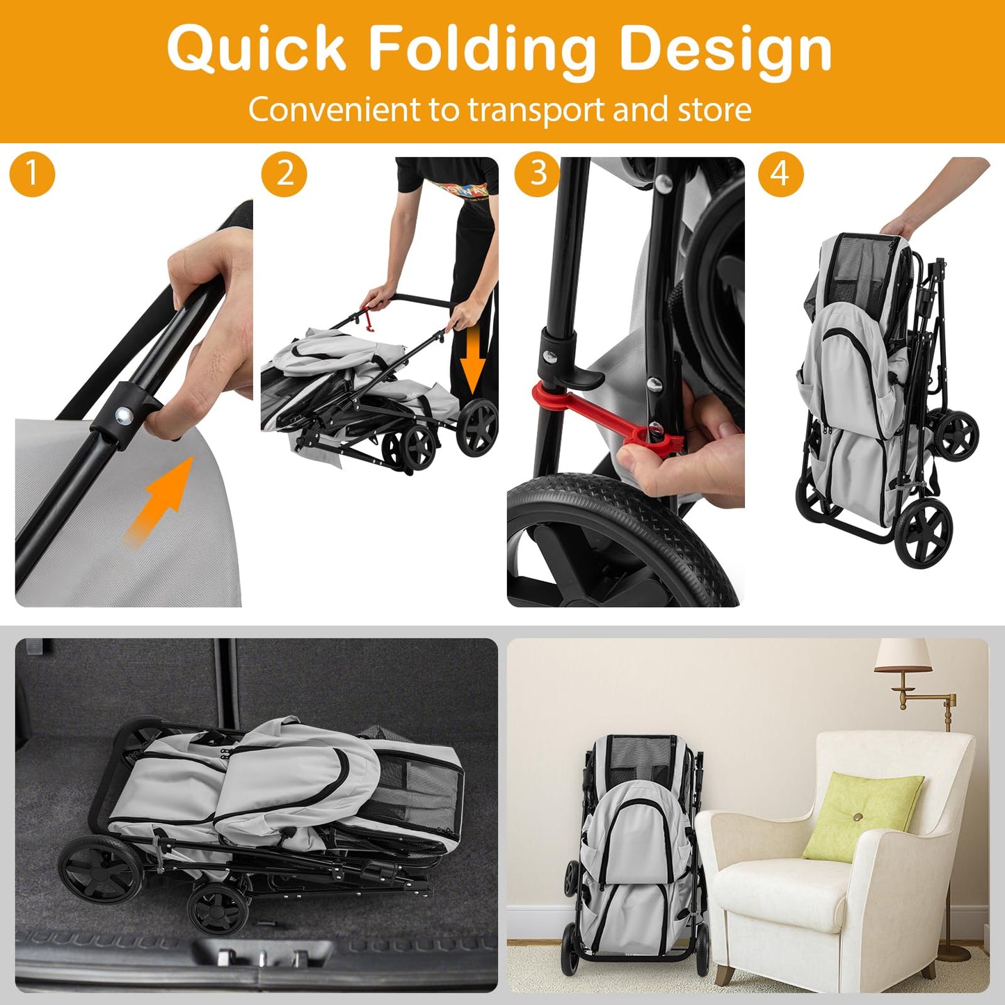 Giantex Double Pet Stroller with 2 Detachable Carrier Bags, Safety Belt, 4 Lockable Wheels, Folding Cat & Dog Stroller for Small Medium Pets, Cats Dogs Puppy Travel Strolling Cart (Gray)