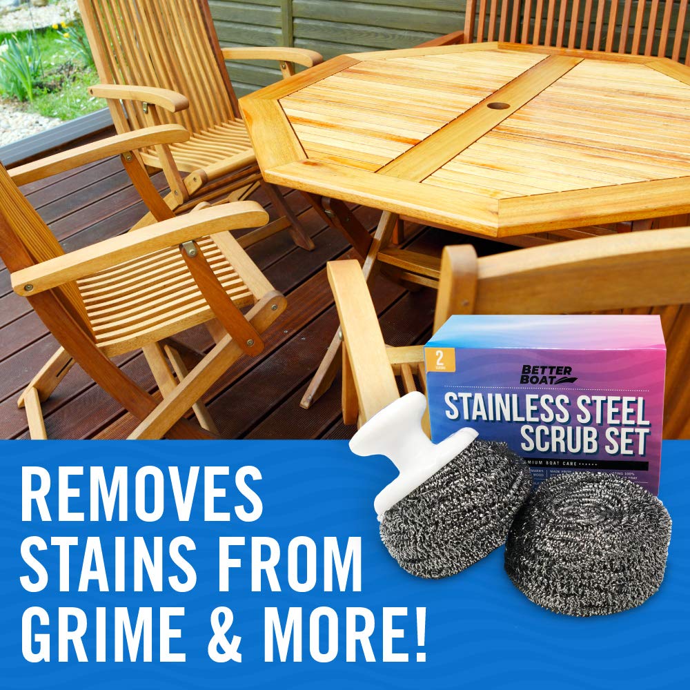 Stainless Steel Scrubber Set, Marine Grade Steel Wool Scouring Pads Scrub with Brush Handle, Heavy Duty Cleaning Supplies for Kitchen,Teak Wood, Outdoor Furniture, and Metal