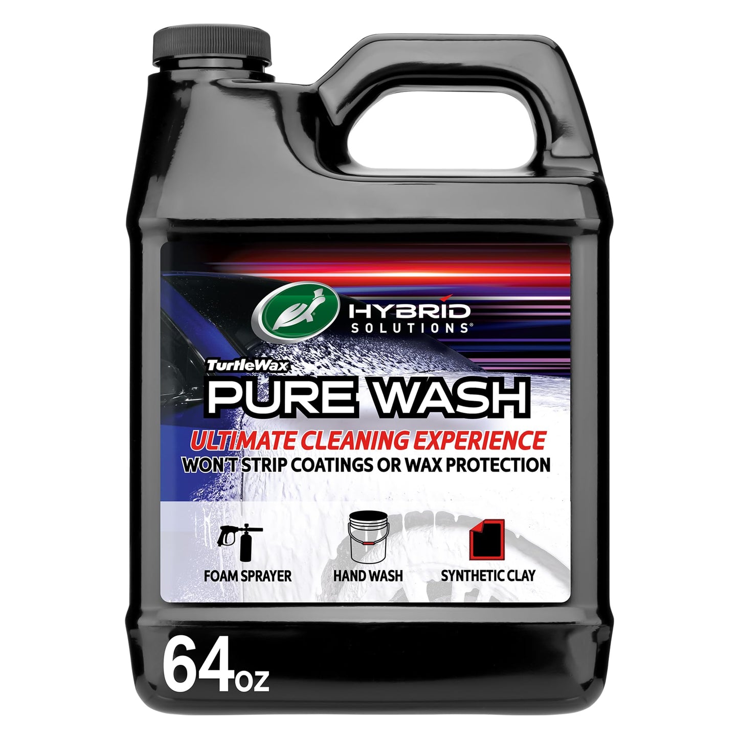 Turtle Wax Hybrid Solutions Pure Wash, pH Neutral Extreme Foaming Car Wash Soap, Bucket or Foam Cannon Application, Won't Strip Waxes or Coatings, Clay Bar Lubricant, Spot-Free Clean, 64 fl oz