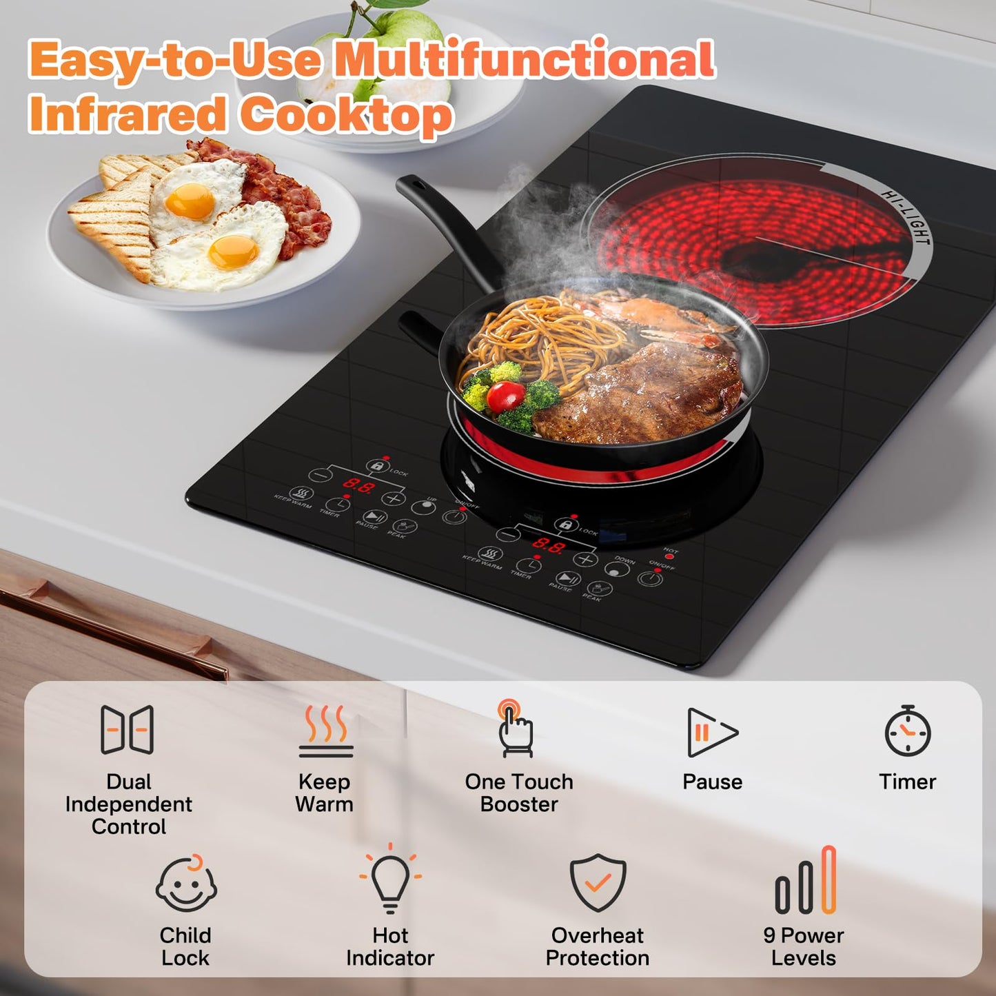 Gveyajo 2 Burner Electric Cooktop with Touch Control, 12 Inch Portable Plug in Stove Top, Ceramic Glass Double Burner, 9 Power Levels, Timer, Child Lock, 2000W