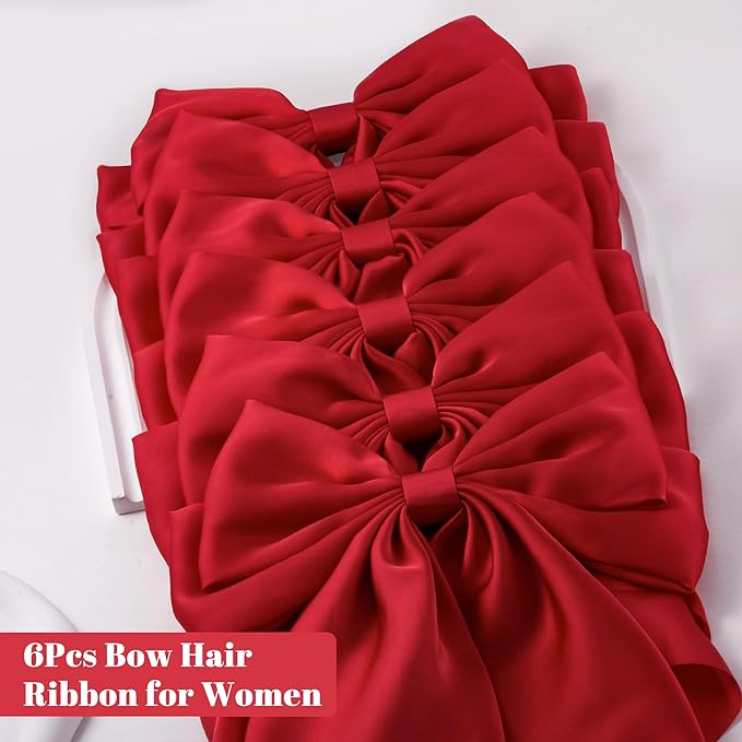 6Pcs Large Bows Hair Clips for Women Girls Long Tail Hair Ribbon Silky Satin Barrettes Coquette Bows Accessories (Red)