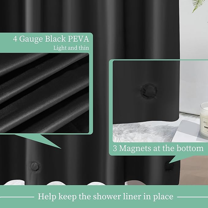 Mrs Awesome Black Shower Curtain Liner with 3 Magnets, 72x72 Premium Flexible Sturdy Plastic Shower Curtain for Bathroom Lightweight & Waterproof, Black