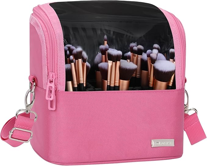 TANTO Makeup Brush Case Stand-up Makeup Cup Makeup Brush Holder Travel Professional Cosmetic Bag Artist Storage Bag Large Makeup Bag with Adjustable Divide (Rose Pink, 1-Large)