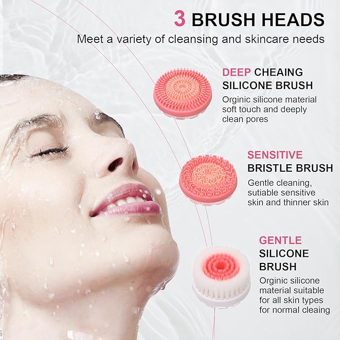 Facial Cleansing Brush, Waterproof Dual-Rotation Face Scrubber Exfoliator with 3 Brush Heads and 2 Adjustable Speeds, Rechargeable Exfoliating Face Brushes for Cleansing and Skin Care (Pink)