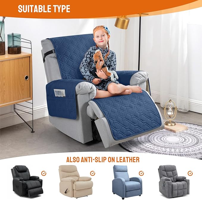 VANSOFY 100% Waterproof Recliner Chair Covers, Recliner Cover Non-Slip Dog Chair Cover Furniture Protector Washable Slipcover with Pocket, Elastic Straps for Pets, Dogs(Ocean Blue, 30")