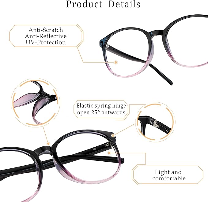 LifeArt Round Blue Light Blocking Glasses, Computer Glasses, Gaming Glasses, TV Glasses for Women Men (Black Purple, 6.00 Magnification)