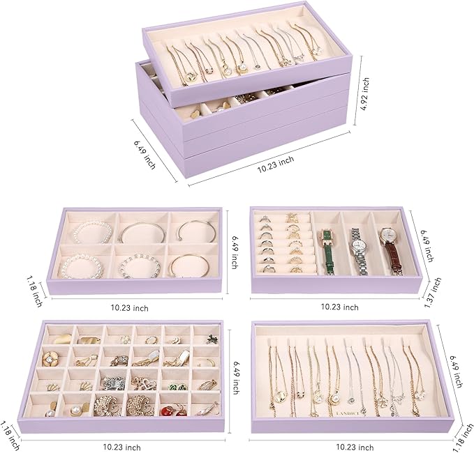 LANDICI Stackable Jewelry Organizer Trays 4 Set,PU Leather Jewelry Organizer Drawer,Jewelry Storage Display Tray for Earring Necklace Rings Bracelet with Removable Dividers,Lavender