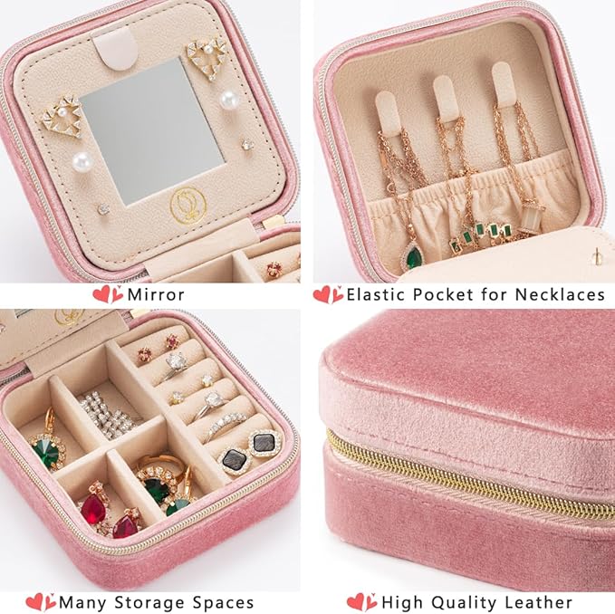 Plush Velvet Jewelry Travel Case,Small Jewelry Box,Traveling Jewelry Organizer,Portable Jewellery Storage Holder for Rings Earrings Necklace Bracelet, for Girls Women | Pink-Mirror