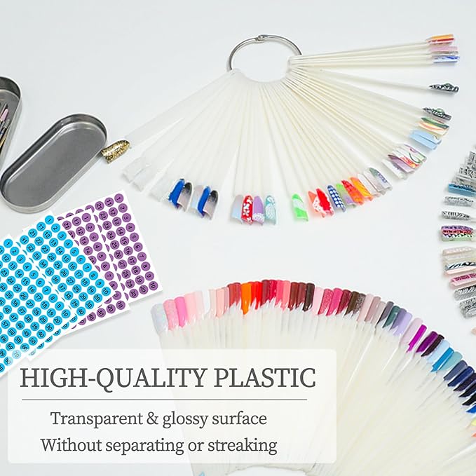 BQAN 200 Pcs Nail Swatch Sticks with Ring, Nails Art Display/Nail Practice Sticks for Home or Salon Use, 4 Pack Number Stickers