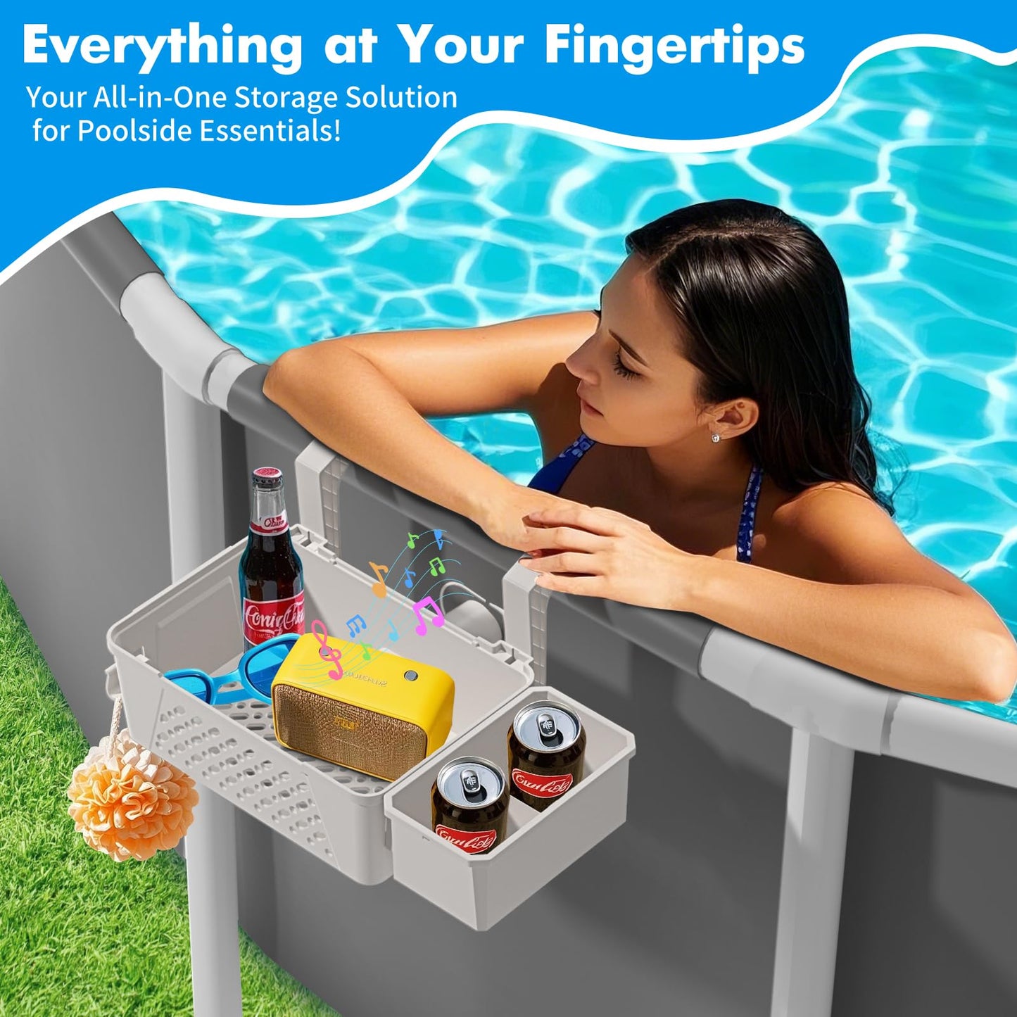 Poolside Storage Basket 2 Pack - Above Ground Pool Accessories, Swimming Pool Storage Baskets with Cup Holders,Fits 3” or Smaller Top Rails,Versatile Organizer for Pool Toys,Towels,Beverages (Beige)