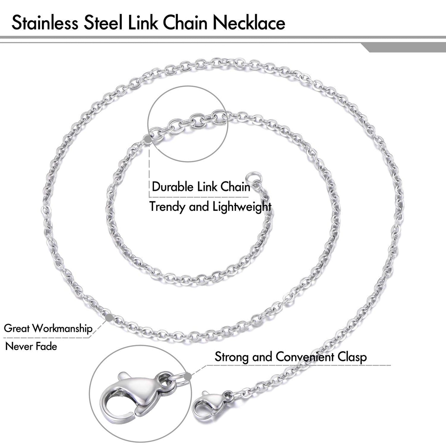 30 Pack 24 Inch Necklace Chain Stainless Steel Link Cable Chain Necklace with Lobster Clasps for DIY Jewelry Making
