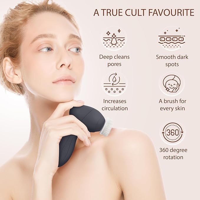 Facial Cleansing Brush Face Scrubber Exfoliating Cleaning Skin Care Cleanser Wash Women Girls Electric Beauty Powered Exfoliator Skincare Spin Tools Scrub Washer Self Care by VISOFO (Onyx)