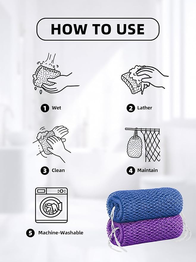 Cleangor 2Pcs African Net Sponge Authentic with Knots - Exfoliating Body Scrubber for All Skin Types, African Bath Sponge, Wash Cloth, Gentle Exfoliation Shower Rag for Women Daily Use (Blue & Purple)