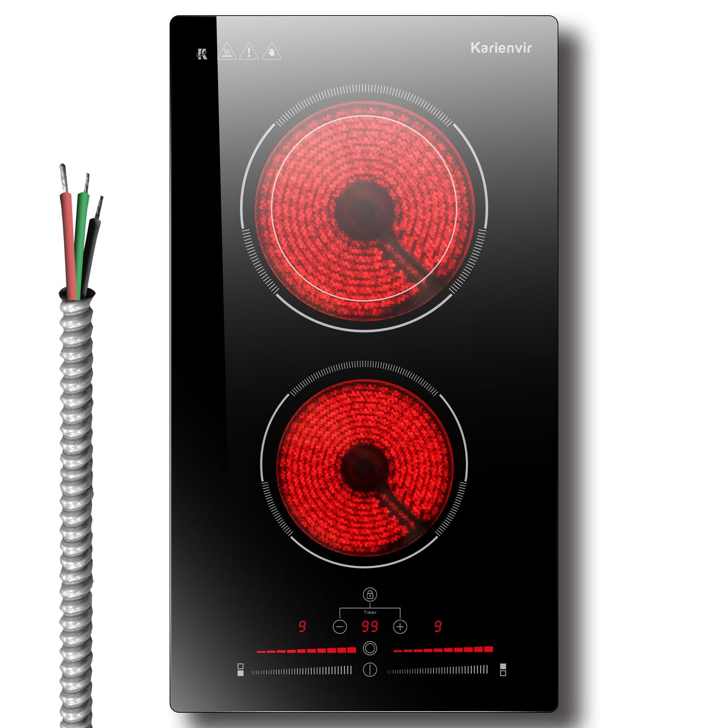 Karienvir 2 Burner Electric Cooktop 220V-240V, 12 Inch Electric Stove Built-in, 9 Power Levels Sliding Control, Electric Cooktop with Timer, Safety Lock, Extended Zone, 3200W, Hard Wire(No Plug)