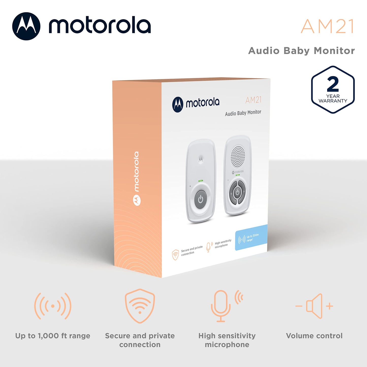 Motorola Nursery Baby Monitor Audio Only, No WiFi, Long Range AM21 with Private Connection, Cry Detection, Volume Control, Portable Parent Unit, Ideal for Safe Monitoring