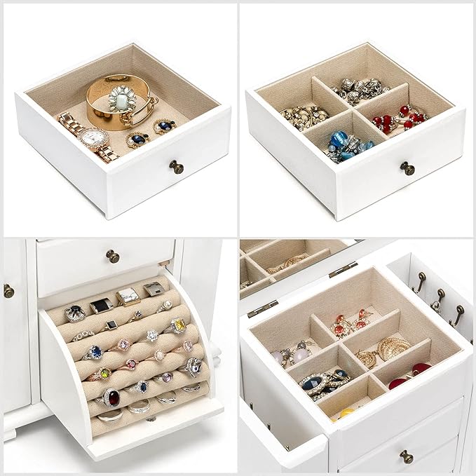 Emfogo Jewelry Box for Women, Rustic Wooden Jewelry Boxes & Organizers with Mirror, 4 Layer Jewelry Organizer Box Display for Rings Earrings Necklaces Bracelets (Weathered White)
