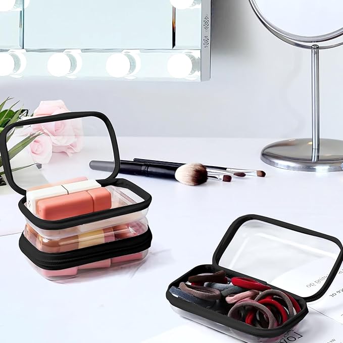 3 Pack Clear Hard Shell Zipper Case, Clear Zipper Pouches Waterproof Makeup Organizer & Travel Toiletry Bag, Diaper Bag Organizing Pouches, Plastic Pouch for Office Home Storage, LMS,Blcak