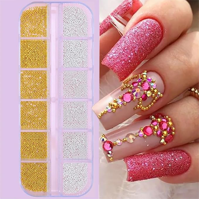 0.8mm Mini Small Nail Beads Stainless Steel Beads Nail Beads Gold Charms Nails Art Decorations Gun Grey Rose Gold Caviar Nail Charms DIY Tool Nail Studs Accessories Caviar Beads for Nails (Silver)