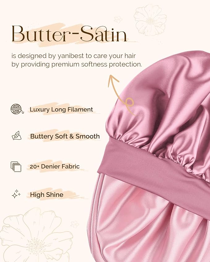 Yanibest Adjustable Satin Bonnet for Sleeping, Double Layer Silk Hair Bonnet with Tie Band for Unisex Women Men Curly Natural
