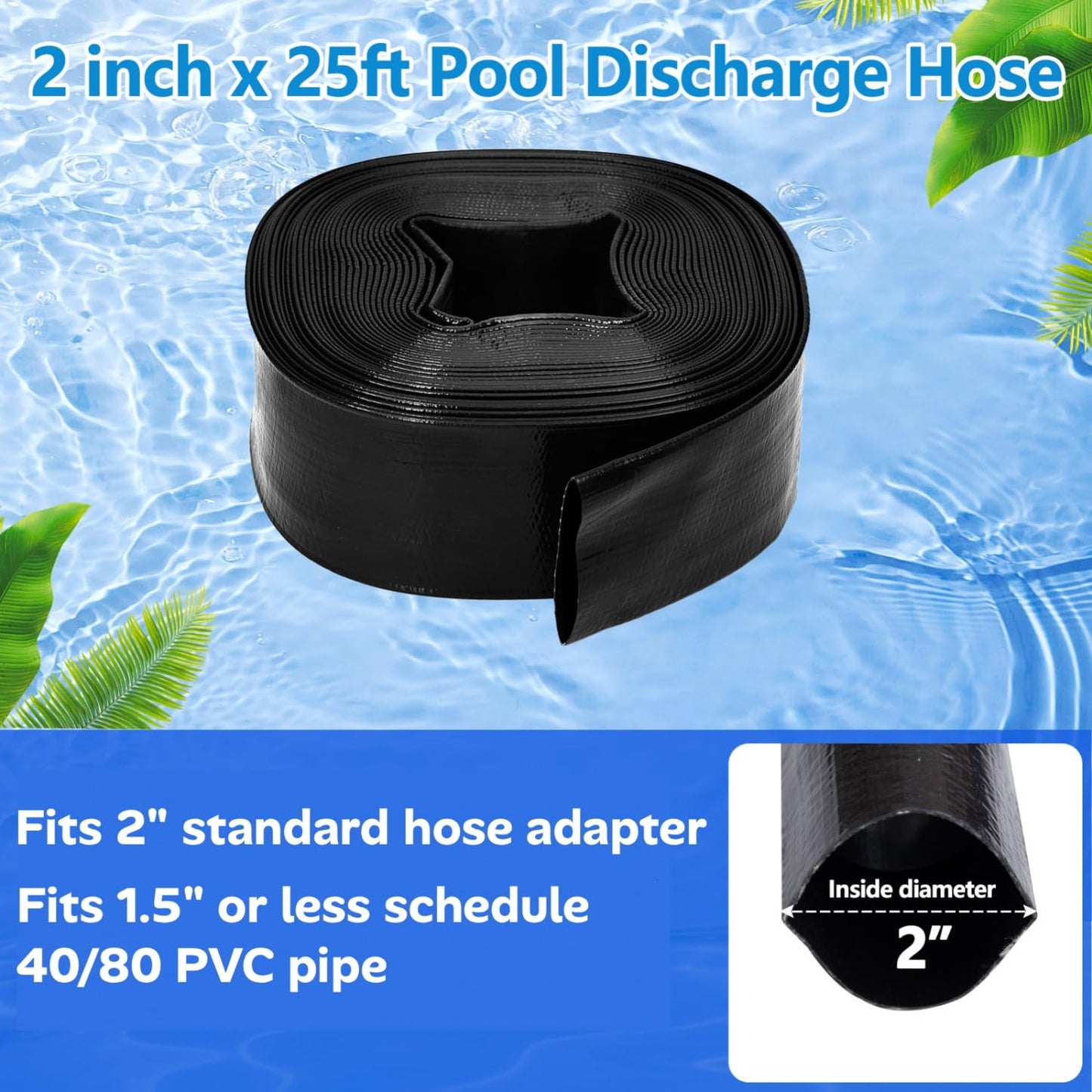 Gonioa 2 inches x 25 FT Heavy-Duty PVC Swimming Pool Backwash Hose 25 feet, Reinforced Discharge Hose with Clamp for Swimming Pools, Black