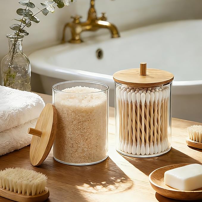 Glass Qtip Holder Dispenser Set - 10oz Cotton Swab Holder with Bamboo Lids, Bathroom Canisters Apothecary Jar Vanity Storage Organizer for Cotton Balls Pads, Floss Picks (4 Pack)