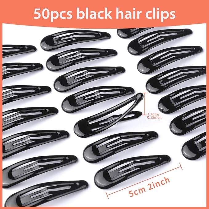 Teenitor 50Pcs Black Hair Barrettes For Women, 2 Inch Hair Barrettes Snap Hair Clips, Hair Clips For Women, Hair Accessories Black