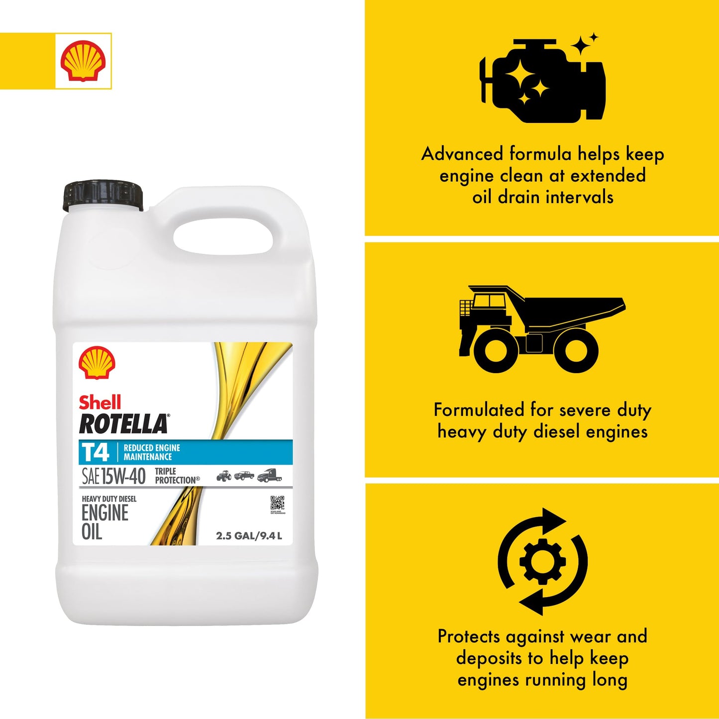 Shell Rotella T4 Triple Protection 15W-40 Diesel Engine Oil, 2.5 Gallon