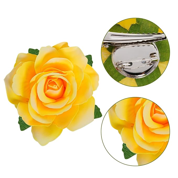 Rose Hair Clip Flower Hairpin Brooch Floral Clips, 4 Pcs Fabric Rose Flowers Hair Clips Mexican Hair Flowers Pin up Headpieces for Woman Girl Wedding Party Mother's Day (2 Sizes) (Yellow)