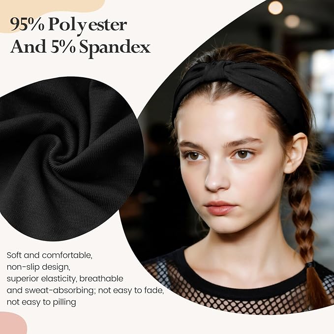 Headbands for Women, Wide Elastic Head Bands, Non-Slip Thick Hair Bands, Sports Stretchy Sweat Bands, Large Knotted Soft Headband for Washing Face, Makeup, Workout, Spa, Fashion, 6-Pack Black