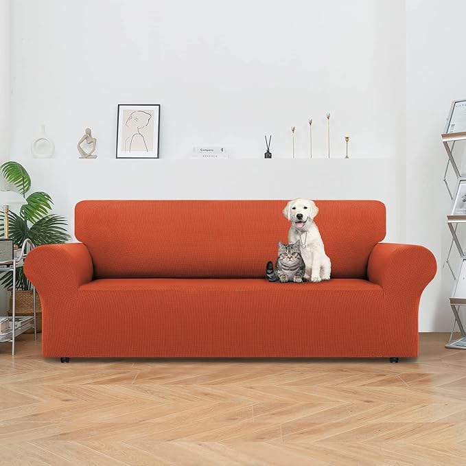 LURKA Stretch Sofa Slipcovers 1 Piece Couch Covers for 3 Cushion Couch Sofa Furniture Protector Full Sofa Covers with Elastic Bottom for Kids and Dog (Large, Pumpkin)