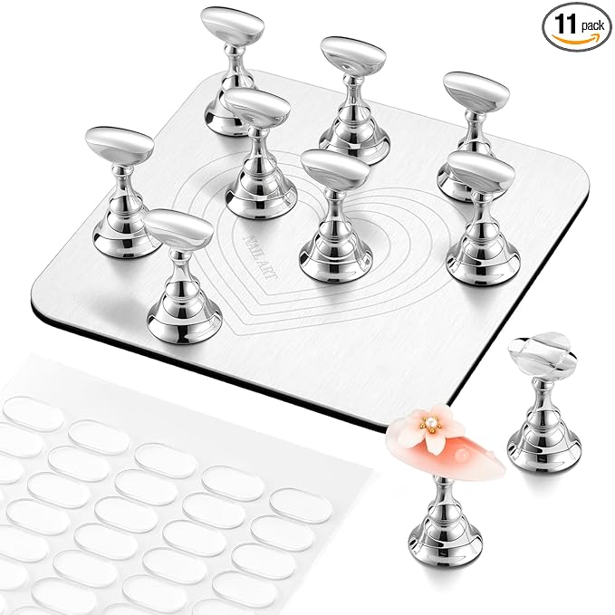 Makartt Nail Stand for Press-On Nails: Strong Magnetic, Large Flat Metal Base Holds 10 Tips at Once, Stable Holders for Nail Art Practise, Batch Painting, Design, Curing, Display, DIY Home & Salon Use