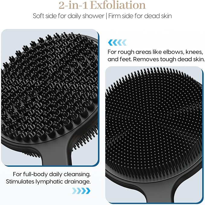 Back Scrubber for Shower & Face Scrubber, 2Pcs Silicone Exfoliating Brush Set with 17In Long Handle, Soft Body & Facial Cleansing Scrubber for Men Women