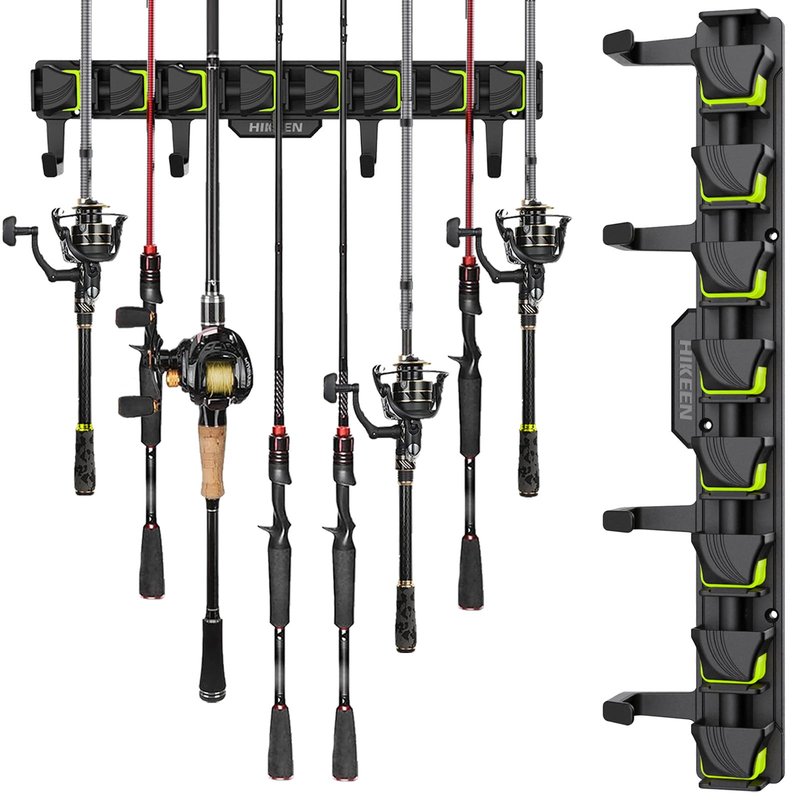 Fishing Rod Holders, Wall Mounted Fishing Rod Rack, Fishing Pole Holder Holds Up to 8 Rods or Combos, Fishing Rod Holders for Garage with 4 Hooks, Fits Most Rods of Diameter 3-24mm