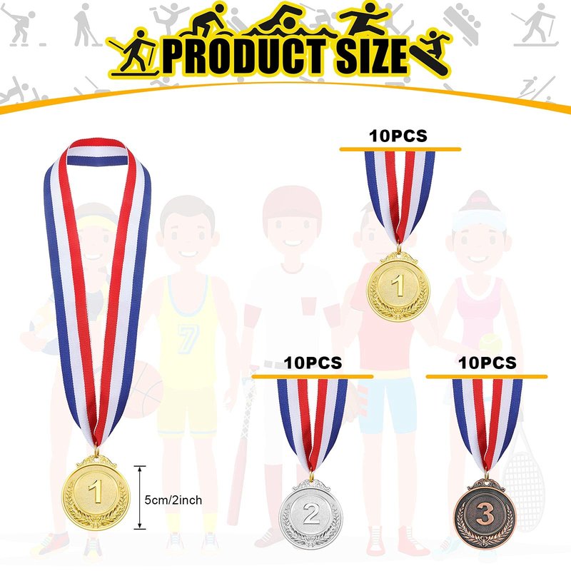 MTLEE 30 Pieces Gold Silver Bronze Award Medals Competition Style Winner Award Medals Metal Medals Prizes with Neck Ribbon for Competitions Party Homework School Bar Costume Parties
