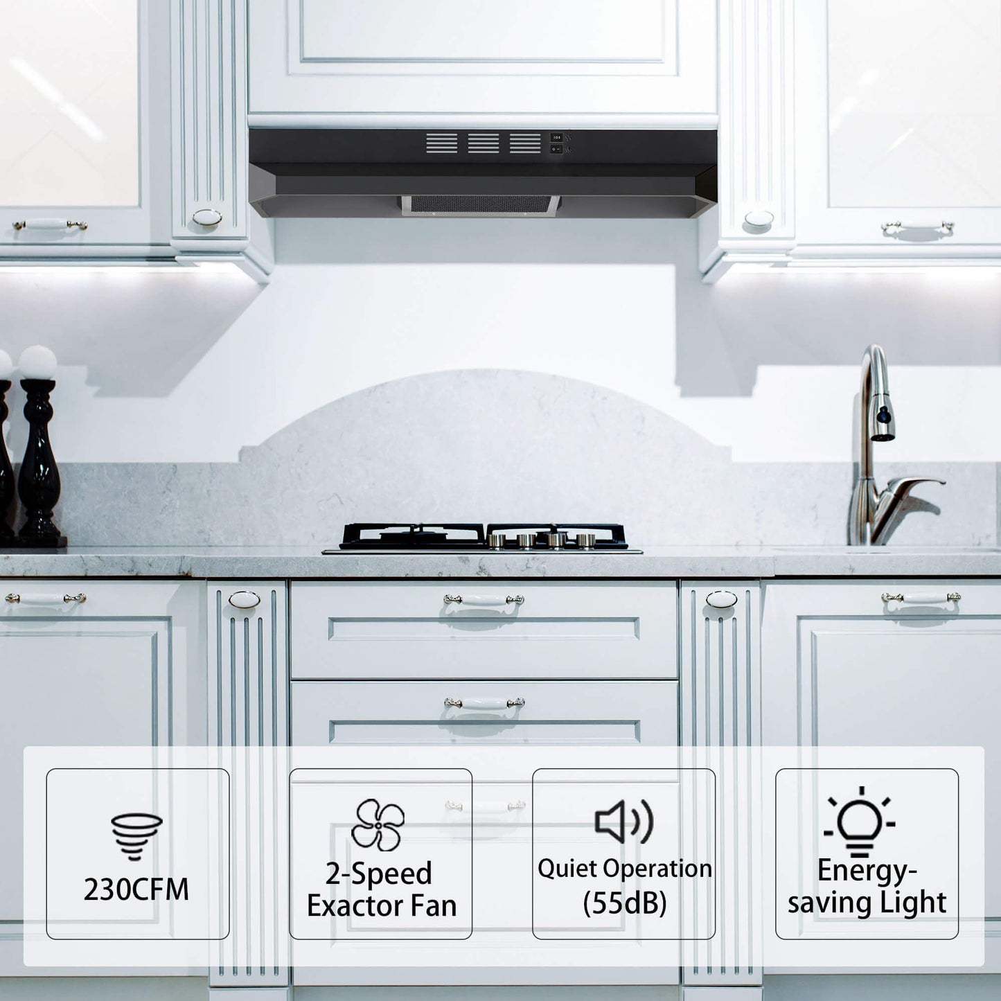 SNDOAS Range Hood 30 inch Under Cabinet, Ducted/Ductless Convertible Kitchen Hood, Stainless Steel Vent Hood with LED Light,Under Cabinet Hood with 2 Speed Exhaust Fan,Black