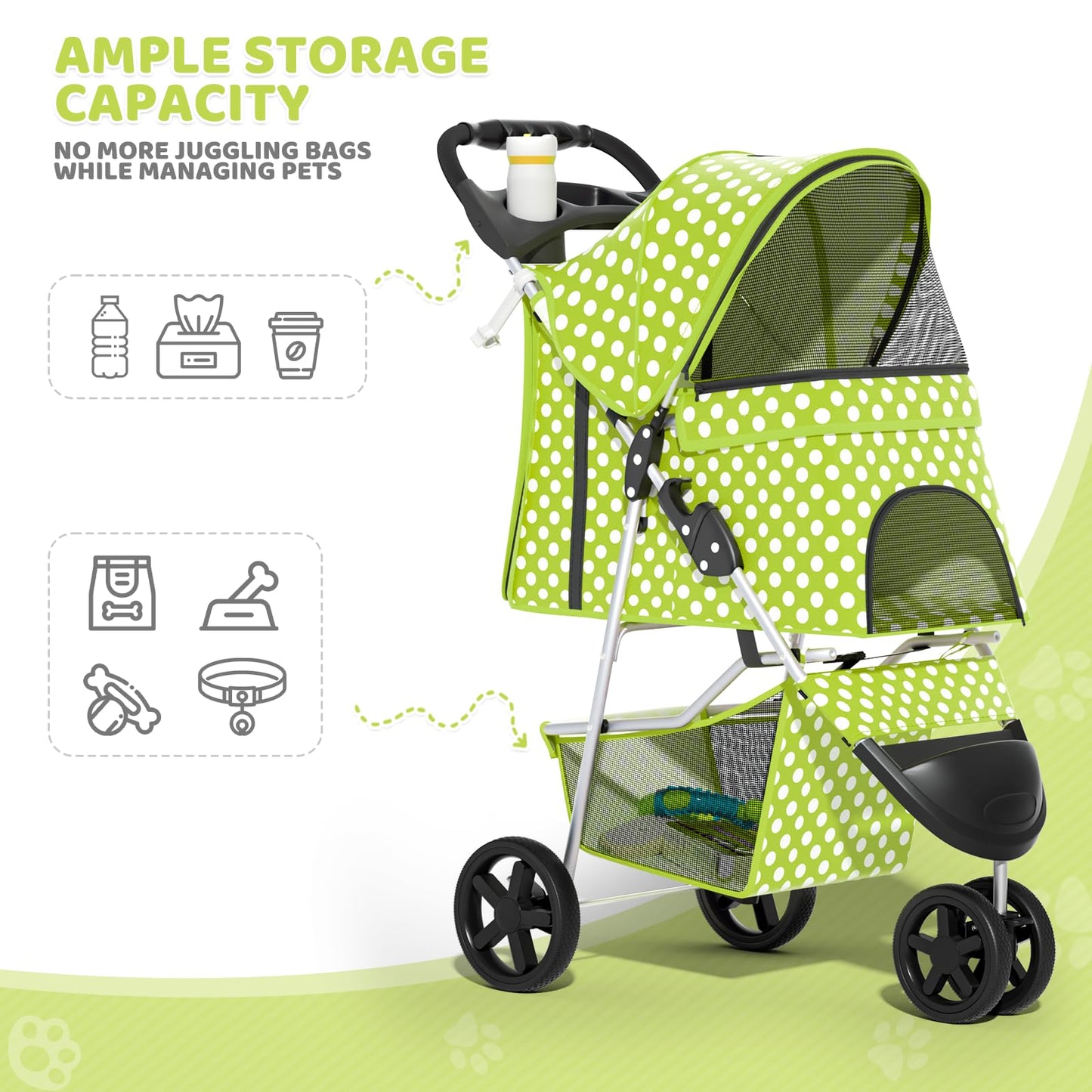 Magshion 3-Wheel Pet Stroller, Foldable Travel Jogger for Small & Medium Dogs & Cats (Up to 33lbs), Lightweight Carrier with Breathable Mesh Cover, Cup Holder & Storage Basket, Lawn Green Polka Dots