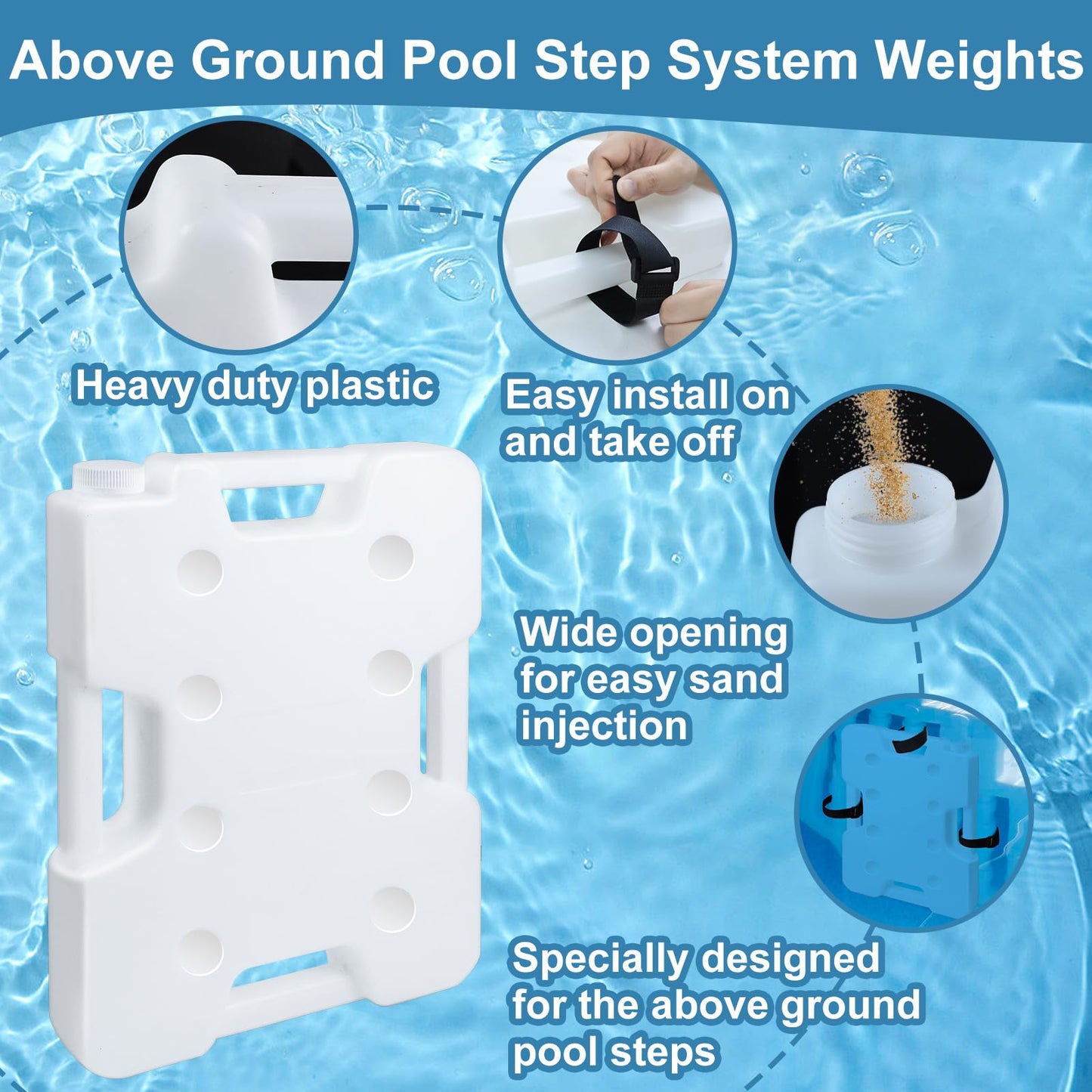 2 Pack Swimming Pool Ladder Weights for Above Ground Pools, Plastic Pool Step Weights Removable Stair Weights Anchor Container Sand Bag with 8 Hook and Loop Straps Hold 52lbs for Easy Step System