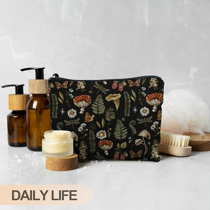 Dark Forest Cottagecore Mushroom Makeup Bag - Forest Cosmetic Bag for Gifts, Mushroom Lovers